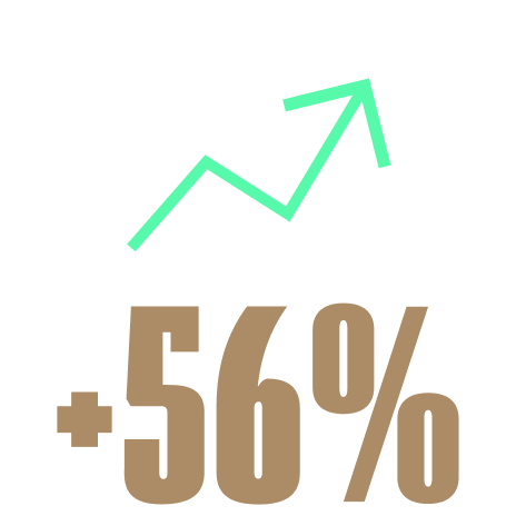 arrow indicating a rise of plus 56 percent regarding net profit performance