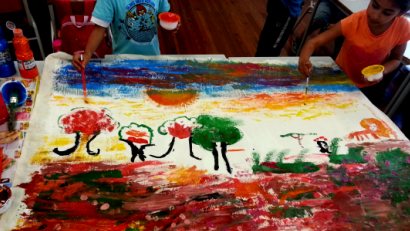 painting by kid with fields and animals