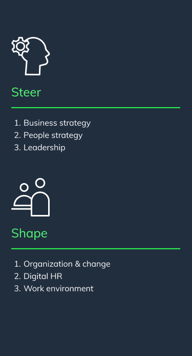 Infographic Top Employer field of Steer (business strategy, people strategy, leadership) and Shape (organization and change, digital hr, work environment)