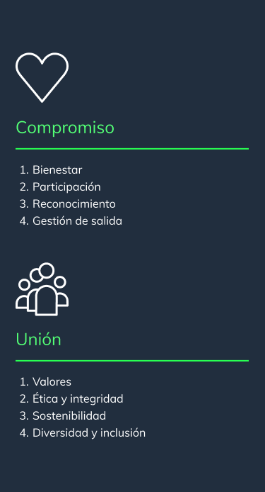 Infografia Top Employer area de compromiso (bienestar, participación, reconocimiento, gestión de salida) y unión (valores, ética y integridad, sostenibilidad, diversidad y inclusión)
