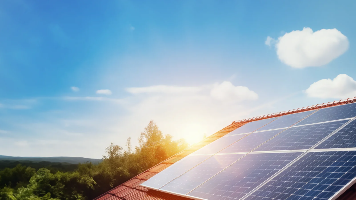 panels installed on the roof of a building, angled toward the sunlight with a clear sky and scattered clouds in the background. a lush green forest is visible in the distance