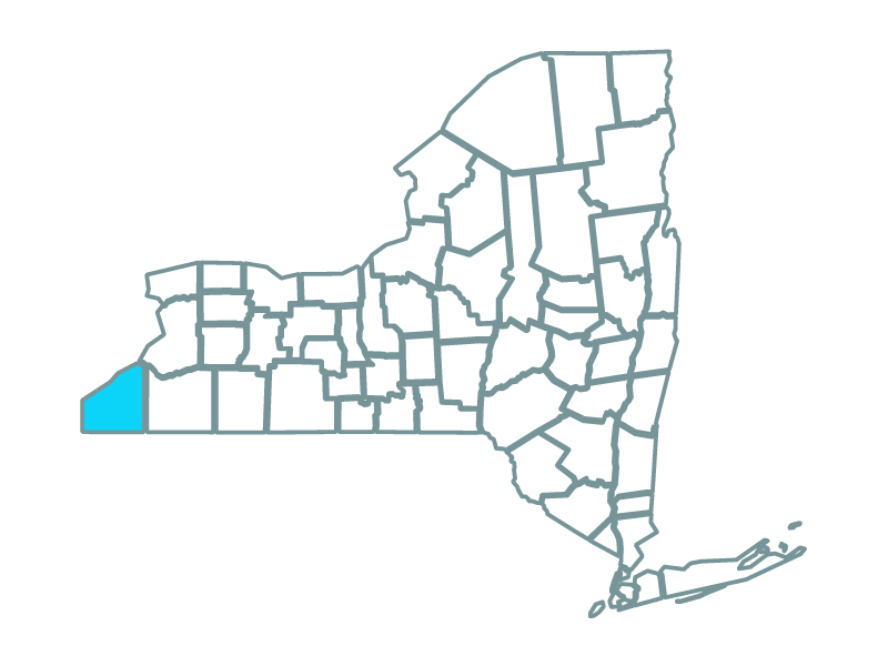 A map showing the state of New York and highlighting Chautauqua County where the Arkwright Summit Wind Farm is located.
