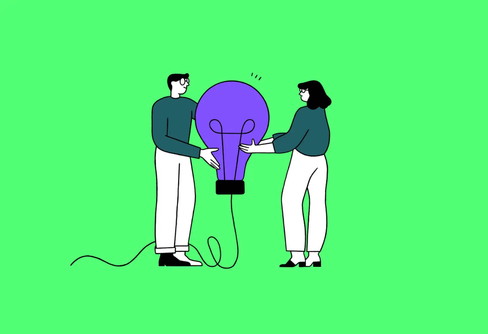 vector illustration with electric green background of two people grabbing a purple lamp