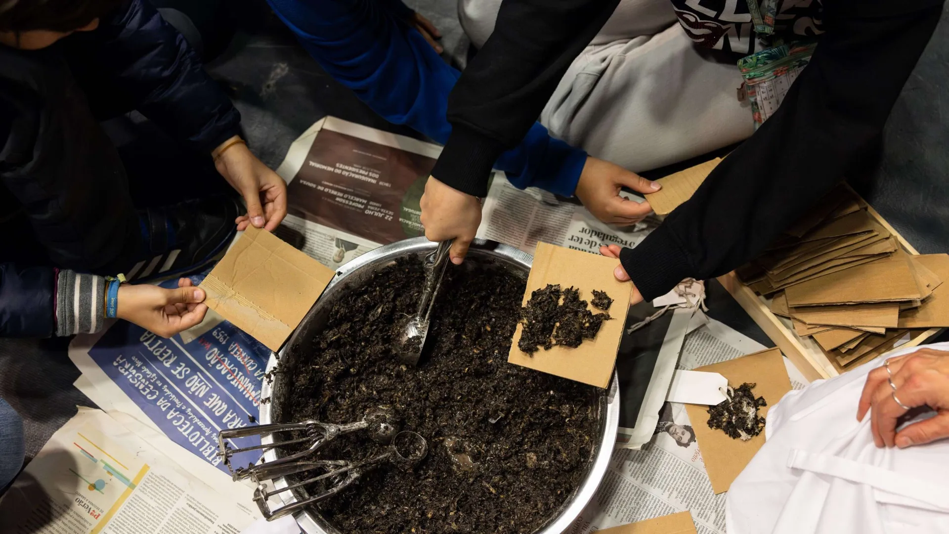 Kids' hands doing an activity with a bowl of dirt photographed from above