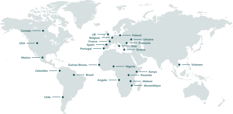 a world map highlighting various countries involved in local y.e.s. social impact initiatives. points mark locations across north america, south america, africa, europe, and asia, showcasing global efforts to drive positive change in diverse regions