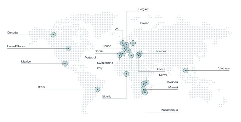 Map with lines and dots marking the countries of EDP YES projects take place