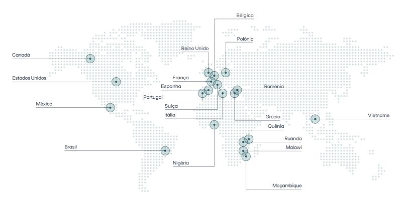 Mapa com linhas e pontos que assinalam os países onde decorrem projecto do EDP YES