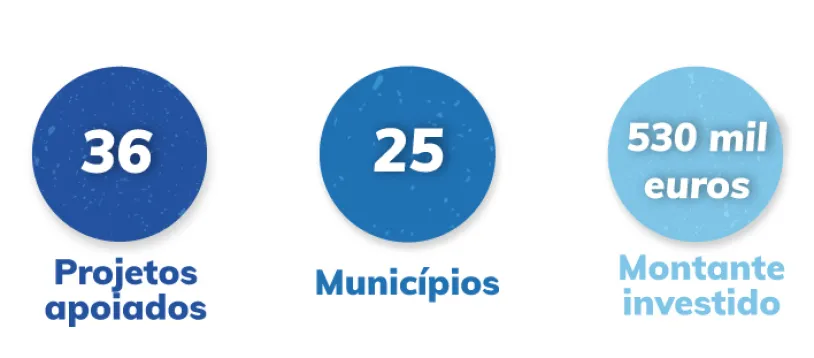 36 projetos apoiados; 25 municípios; 530 mil euros montante investido.