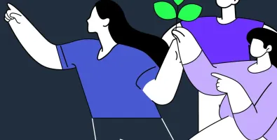 Imagem abstrata de infografia e desenho de pessoas sobre o fundo azul