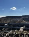 a solar farm located on sloped terrain with rows of panels positioned to maximize sunlight absorption. hills covered with trees and vegetation are visible in the background, under a bright, partly cloudy sky